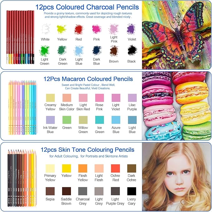 H & B Art Supplies, 72 Pack Drawing Supplies for Adults, Drawing Kit with Drawing Book, Coloring Book, Watercolor, Metallic Charcoal Macaron Oil-Based Coloured Pencils for Artists