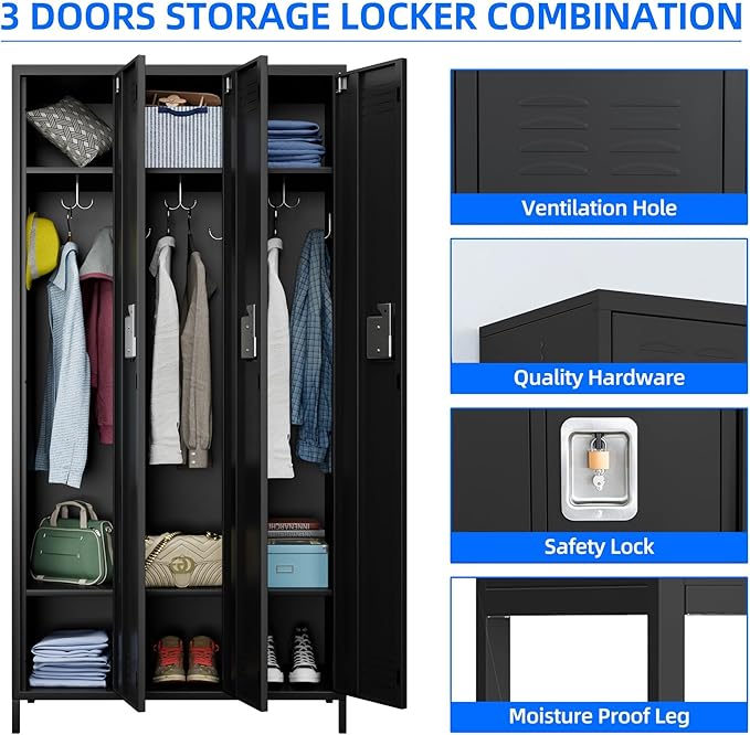 SUPEER 3 Doors Metal Lockers for Employees with Lock, Metal Locker with 9 Hooks for School Garage Office Gym Home,Assembly Required,Black