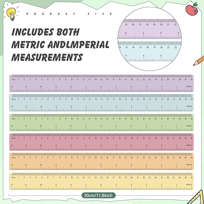 ForraFun 120 Pcs 12 Inch Plastic Ruler Bulk Colorful Transparent Ruler with Imperial and Metric Scales for Back School Office Supplies Home Tool Operation Measuring Drawing(Pastel)
