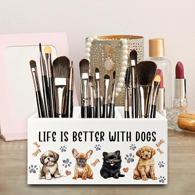 QZQE Dog Pen Pencil Holder Organizer for Desk, Dog Lovers Mom Gifts for Women, Life Is Better with Dogs Wooden Box Signs Decorations for Home Office Desk Tabletop, Gifts for Pet Lovers
