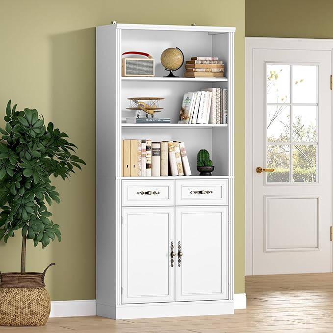 BORNOON 71.4" Tall Bookshelf with Drawers & Cabinet, 5-Tier Floor Standing Bookcase with Storage Doors, Adjustable Shelves & Metal Handles, 31.5" Wide Organizer for Home Office, Living Room