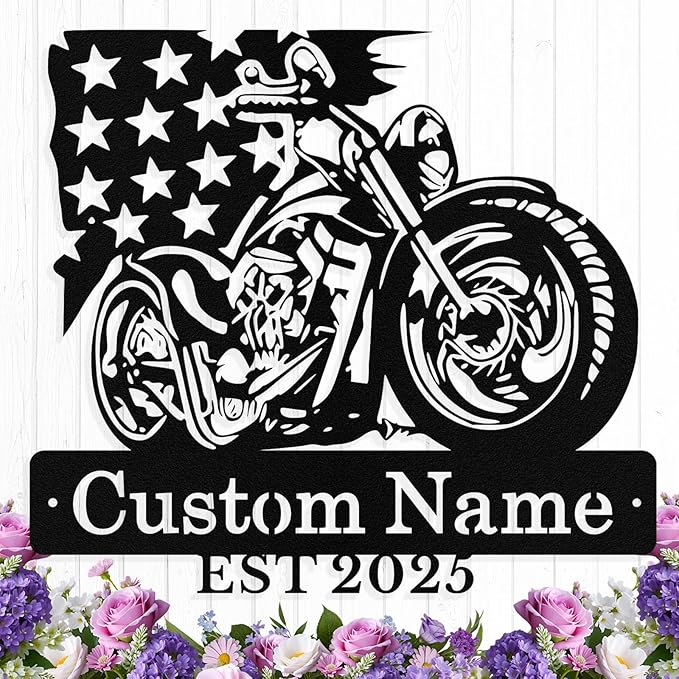 Custom US Flag Motorcycle Metal Signs Personalized Biker Name Sign Custom Garage Decor Motorbikes Wall Art Decor Motorcycle Sign Men Room Decorate Gifts for Men Husband Rider