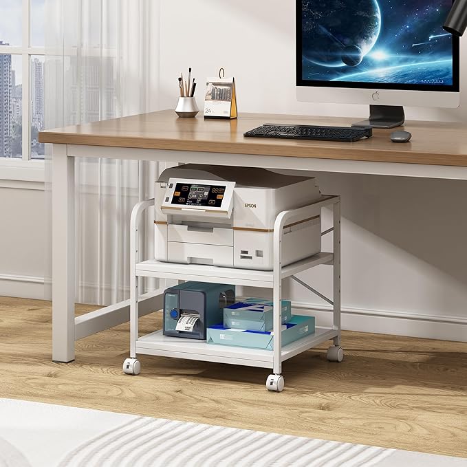 Fannova 20 Inches Deep Large Printer Stand, 2 Tier Under Desk Printer Table with Height Adjustable Shelf, Rolling Printer Cart with Wheels for Home Office Storage - White