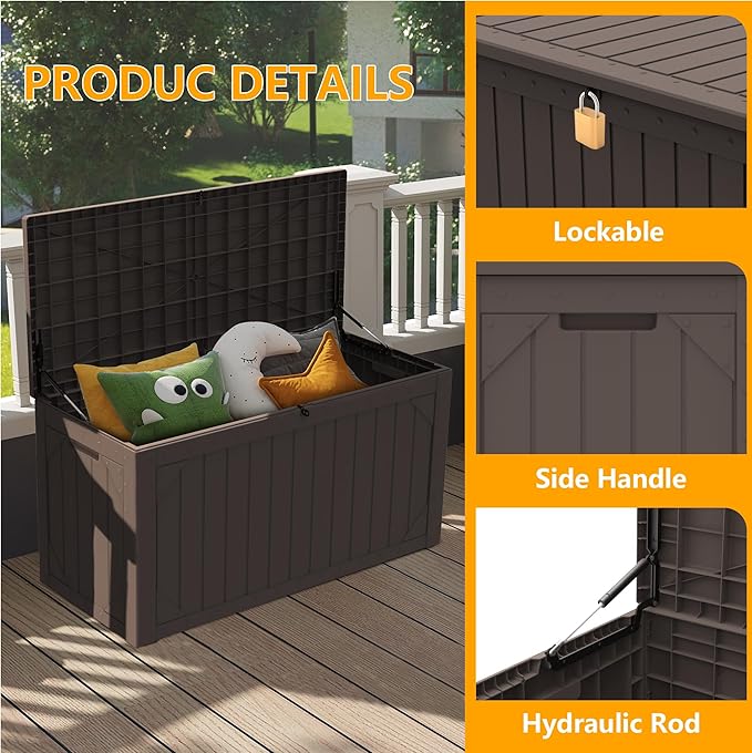 Decksplore 100 Gallon Outdoor Storage Box Waterproof, Lockable Resin Deck Box Patio Storage Bin for Pool Accessories Cushion Furniture, Garden Tools, UV-Resistant Outside Delivery, Brown