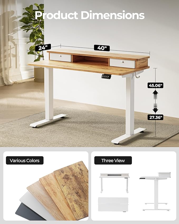 FEZIBO 40 x 24 Inch Height Adjustable Electric Standing Desk with Double Drawer, Stand up Home Office Computer Desk with 4 Height-Adjustable Feets & 2 Hooks, Light Rustic