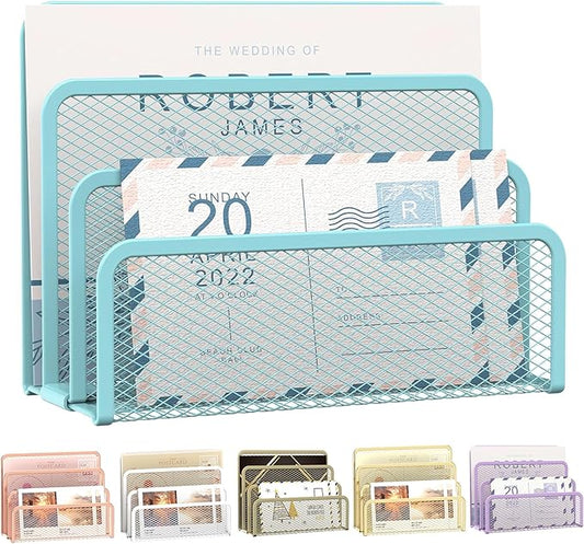 SUPEASY Mail Organizer for Desk, Mesh Metal Mail Holder Countertop with 3-Slot, Letter Sorter File Holder, Office Envelope Organizer for Mails (Blue)