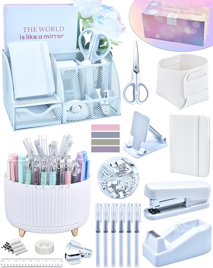 LXEVIHK 20Pcs White Desk Organizers and Accessories With Mesh Desk Organizer and 360°Rotating Pen Holder and a Lot of Office White Office Supplies Beautifully Presented in a Gift Box