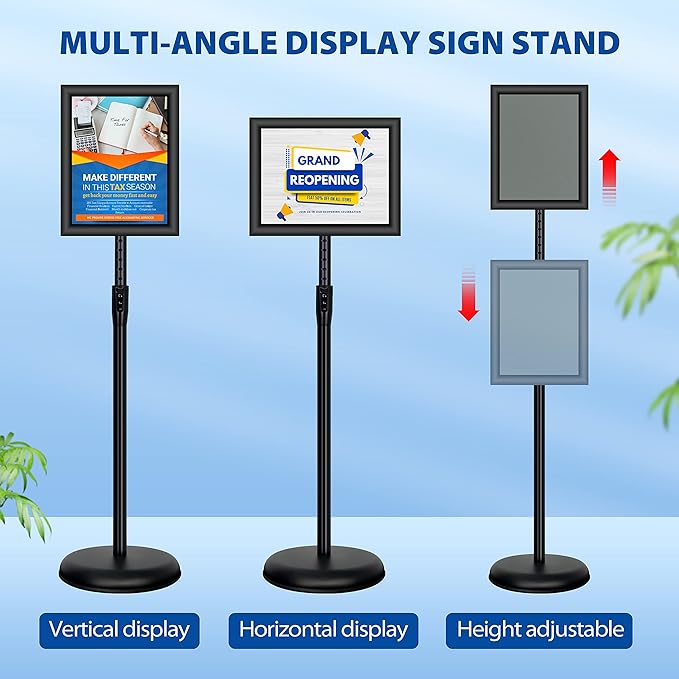 VAIIGO 2Pack 8.5x11 Inch Adjustable Pedestal Poster Sign Stand, Heavy Duty Floor Standing Sign Holder Stand Aluminum Snap Open Frame for Vertical and Horizontal View Sign Displayed(Black)
