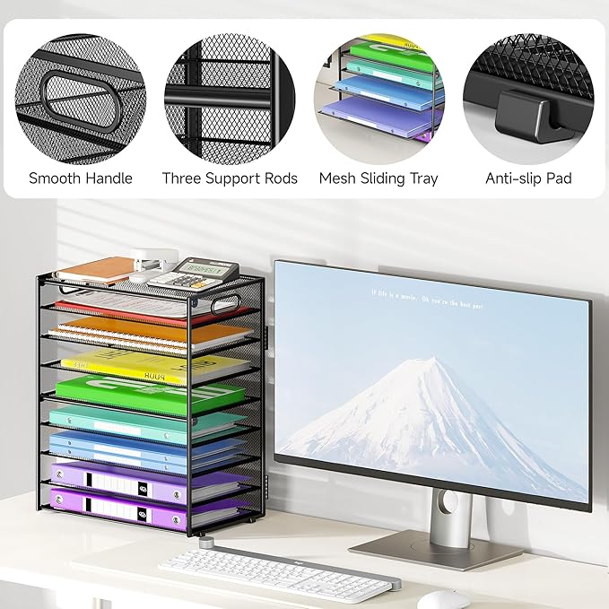 Cawukege 9 Tier Paper Organizer with Handle, Large Capacity Desk Organizer Mesh Paper Letter Tray File Folder Document Sorter for Classroom and Office Accessories Organization- Black (2 Pack)