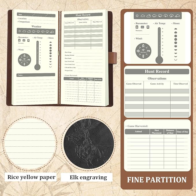 Eaasty 2 Pcs Leather Hunting Log Book Elk Hunting Journal Notebook for Men Designed for Huntsman to Record Hunt Details for Dad Husband Father's Day Birthday Gift, 96 Pages(Black, Brown)