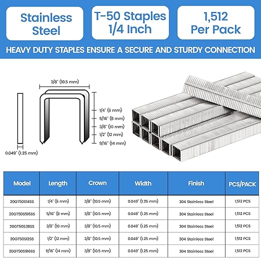 meite T-50 Stainless Steel Staples Marine, 1/4 Inch Heavy Duty Staples for Staple Gun - 1512 Counts, 20 Gauge 3/8 Inch Crown T-50 Upholstery Staple for Marine Applications
