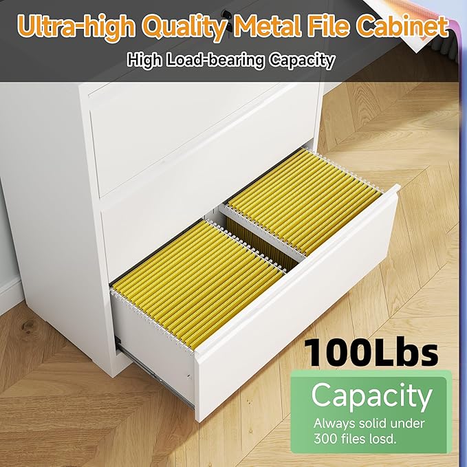 LONGLINK 3 Drawer Lateral File Cabinets with Lock,Metal Filing Cabinet for Home Office,Wide Office Storage Cabinet with Hanging Bars for A4 Legal/Letter Size(White-Easy Assembly)