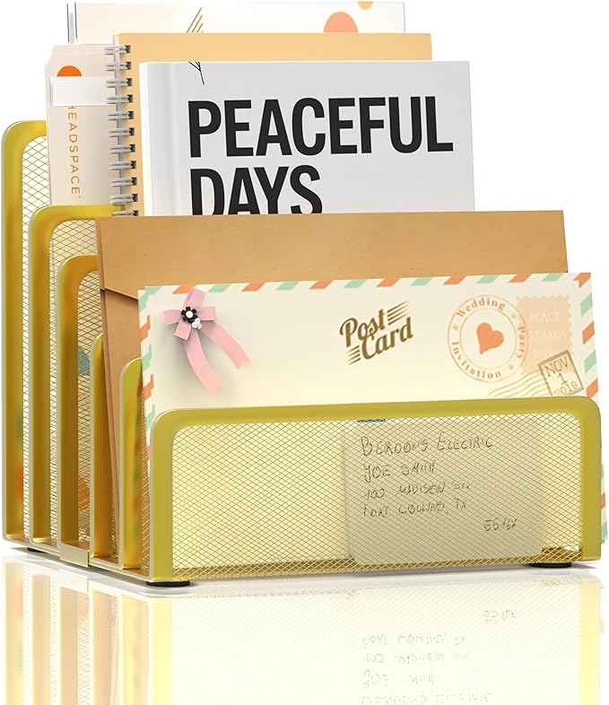 ReePlan Mail Organizer Countertop with 5 Slot, Metal Mail Holder for Desk, File Holder Letter Sorter for Envelope, Bill and Document (Gold)