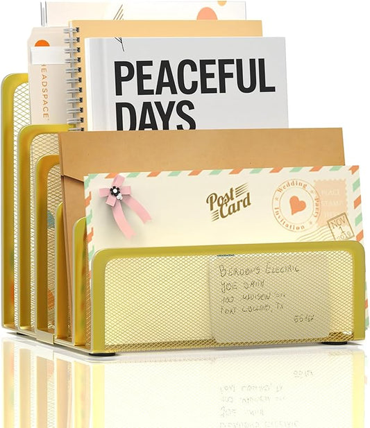 ReePlan Mail Organizer Countertop with 5 Slot, Metal Mail Holder for Desk, File Holder Letter Sorter for Envelope, Bill and Document (Gold)