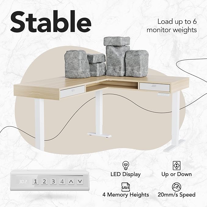 HUANUO Electric L Shaped Standing Desk, 63″ Height Adjustable Corner Standing Desk with 2 Under Desk Drawers & Open Storage Sapce, Stand Up Table with Power Strip Tray & Cable Grommets, Light Walnut