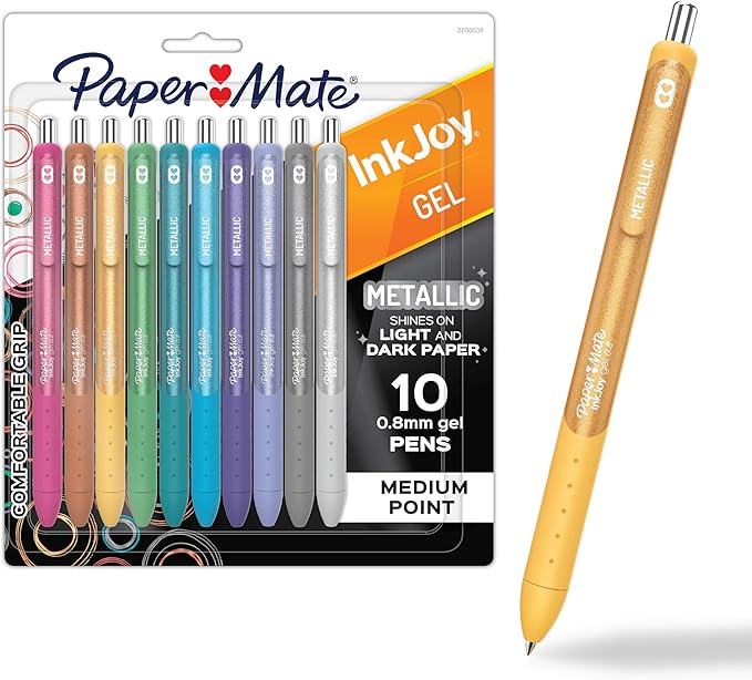 Paper Mate InkJoy Gel Pens, Metallic, Retractable, Medium Point (0.8mm), Glittery Assorted Colors, 10 Count - Perfect for Writing, Doodling, Bullet Journaling, Glitter, Sparkle, Writing Fun
