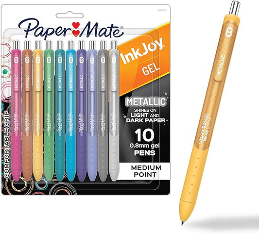 Paper Mate InkJoy Gel Pens, Metallic, Retractable, Medium Point (0.8mm), Glittery Assorted Colors, 10 Count - Perfect for Writing, Doodling, Bullet Journaling, Glitter, Sparkle, Writing Fun