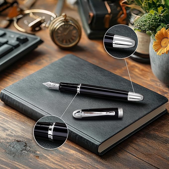 Webson Gill The Boss' Black Luxury Executive Fountain Pen, Polished Lacquer & Chrome, Medium Nib, Smudge Free No Bleed, Use Any Fountain Ink with Included Converter, Fits Cartridges (sold separately)