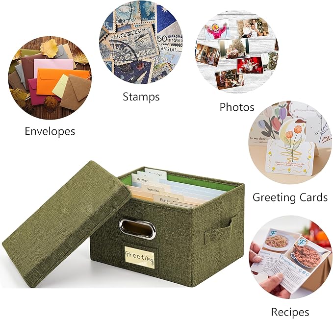 Remowith Greeting Card Organizer and Storage Box with 20 Pcs Adjustable Dividers, Storing Cards with 84 Pcs Labels Perfect for Storing Greeting Cards, Envelopes, Photos 1 Pack Olive Green
