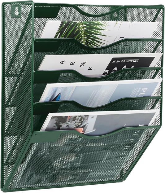 EASEPRES 5 Pocket Mesh Hanging File Organizer, Wall Mounted Mail Paper Document Folder Holder, Clipboard Storage Organization Magazine Rack with Nametag Label for Office Home School, Dark Green