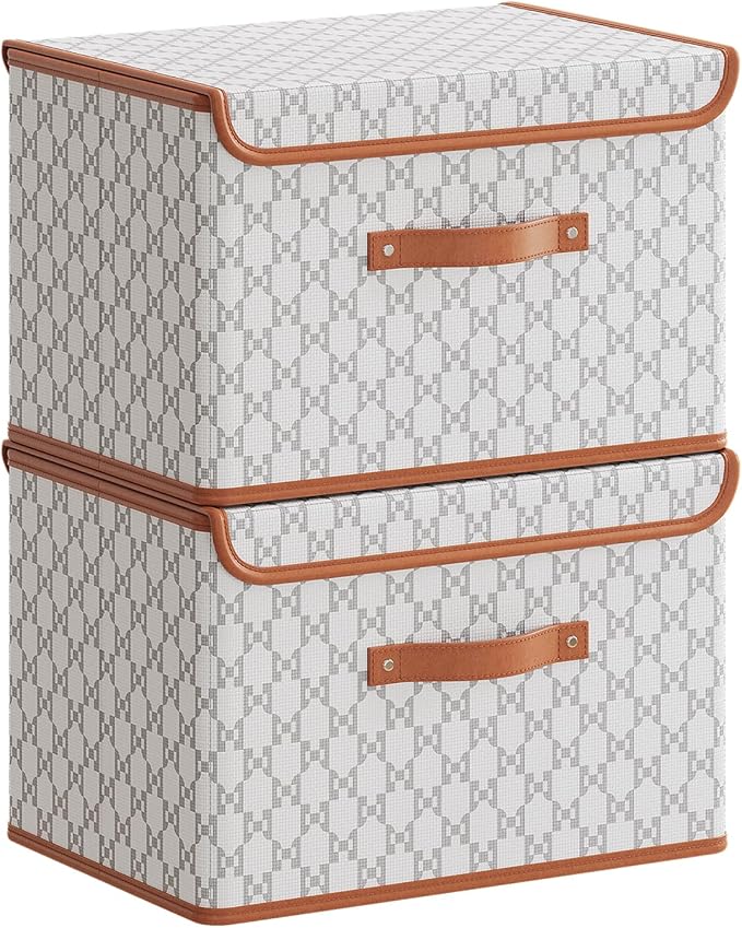 Tuza 2 Pack Fabric Storage Bins with Lids, Collapsible Closet Organizer Container, Decorative Storage Boxes with Lids for Organizing Clothes, Blanket, Grey & White, Large