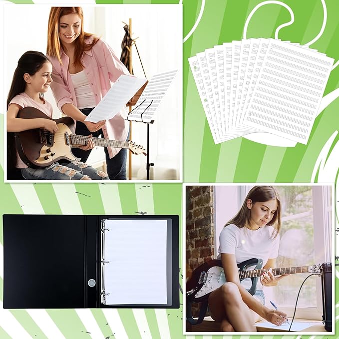 Fullhawl Loose Leaf Music Filler Manuscript Paper 8.5"x11" with 12 Staves of Music Lines 100 Sheets 3 Hole Blank Manuscript Staff Paper for Compositions