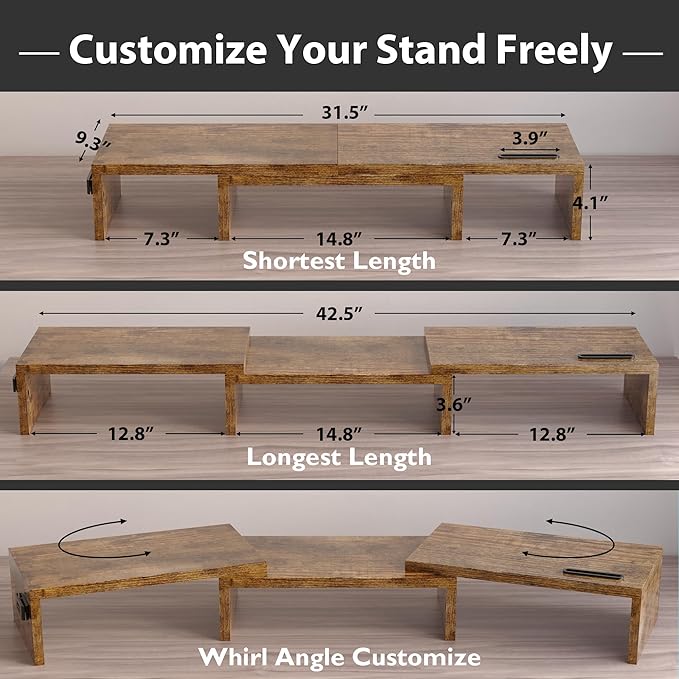 BONTEC Dual Monitor Stand Riser with Smartphone Holder, Adjustable Length & Swivel Angle, Ergonomic Wooden Desktop Organizer for PC Monitor, Laptop, Printer, Large Storage, Rustic Brown