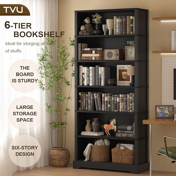 TVU 6-Tier Wooden Bookshelf, 77.2" Tall Farmhouse Style Open Bookcase, 31.5" W Standing Book Shelf with Storage, Suitable for Study, Living Room, Office, Blcak
