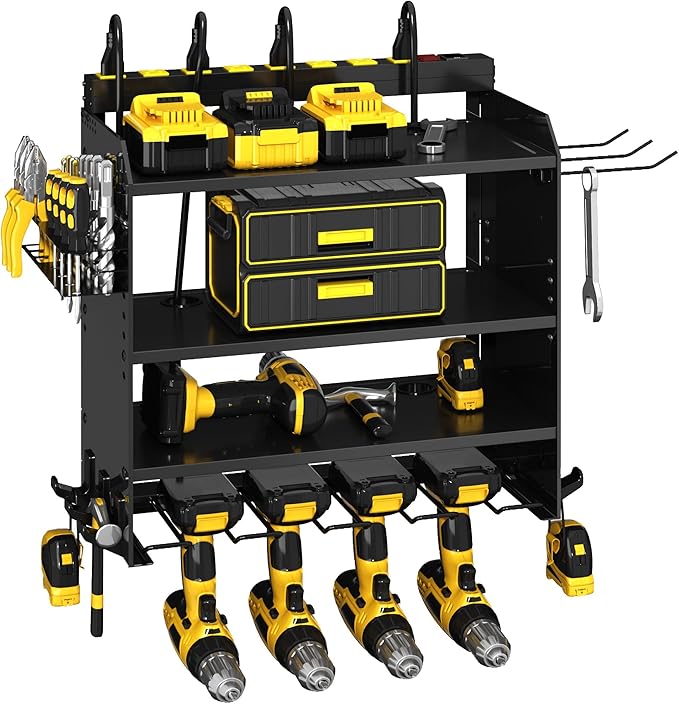 CFMASTER 4-Layer Wall-Mounted Power Tool Organizer Rack,Heavy Duty Adjustable Shelves Organizer for Cordless Power Tool Batteries,Space-Saving Garage & Workshop Charging Station 8 Outlets Power Strip