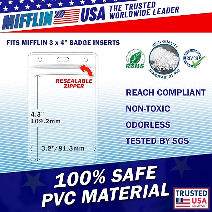 MIFFLIN Large (L) Vertical ID Badge Holders (Clear, 3x4 inch, 100 Pack), Plastic Nametag Covers with Zipper, Name Tag Holder