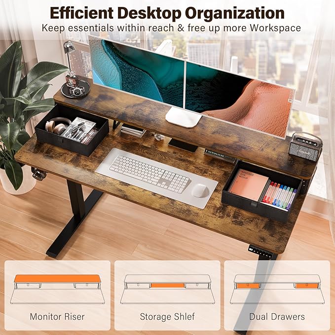 Kingant 48 x 24 Inch Electric Standing Desk with Dual Drawers, Height Adjustable Sit to Stand Computer Desk with Storage Shelf and C-Clamp Mount Compatibility for Home Office, Rustic Brown