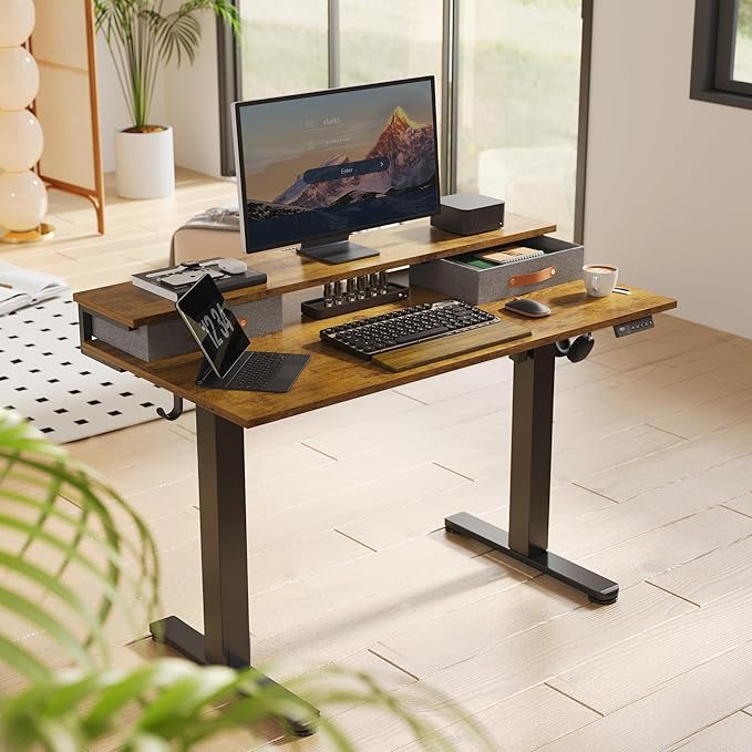 Claiks Electric Standing Desk with 2 Drawers, Adjustable Standing Desks with Storage, Height Adjustable Stand up Desk for Home Office with 2 Hooks,55 Inch Ruist Brown