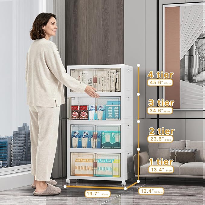 UAMFURI Extra Large Stackable Storage Bins with Lids & Wheels & Door, 208QT-52QT/13GAL*4Pack Foldable Collapsible Closet Organizers, Plastic containers drawers for bedroom Dorm