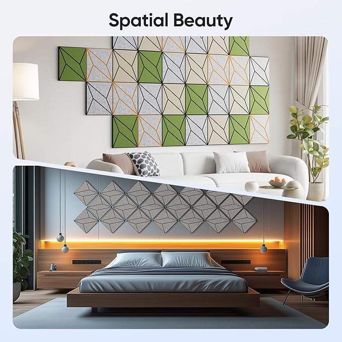 UNECHO 12 Pack 12" X 12" X 0.47" Acoustic Panels for Wall Sound Absorbing, Dual-Color P-Stripes Square Self-Adhesive Sound Panels, High Density Suitable for Multiple Scenarios(Black+SilverGray)