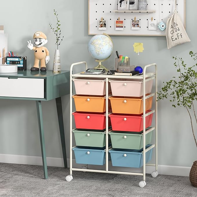 GLACER 10 Drawer Rolling Cart, Storage Cart with Lockable Whieels & Metal Frame, Trolley for Art Craft Oganizer, Mobile Utility Cart for Office, School, Classroom, Kitchen (Multicolor)