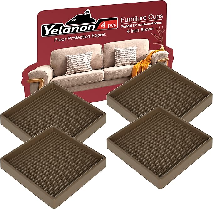 Yelanon Furniture Coasters,4 Pcs 4” Furniture Caster Cups - Non Slip Pads Hardwood Floors - Non Skid Furniture Grippers, Rubber Furniture Feet, Anti Slide Floor Protector for Bed Couch Stoppers
