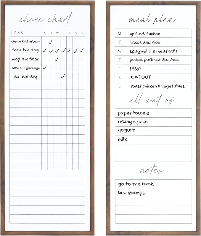 Sheffield Home Set of Two Family Planner Dry Erase Boards Featuring, Chore Chart, Shopping List, Weekly Meal Planner and Notes, 9x21 Inch, Natural