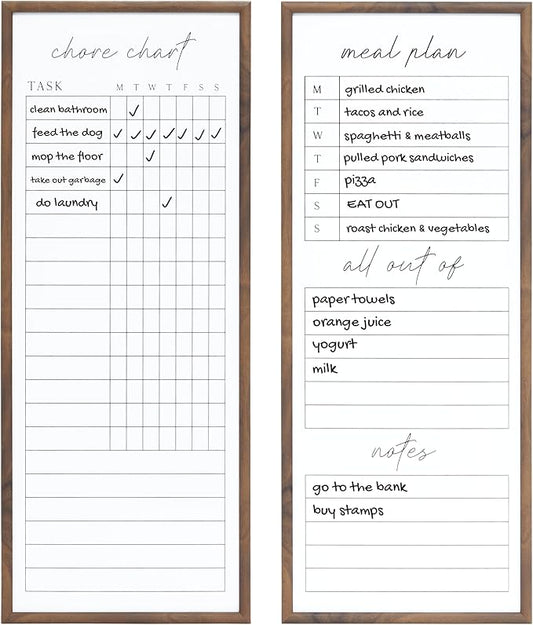 Sheffield Home Set of Two Family Planner Dry Erase Boards Featuring, Chore Chart, Shopping List, Weekly Meal Planner and Notes, 9x21 Inch, Natural