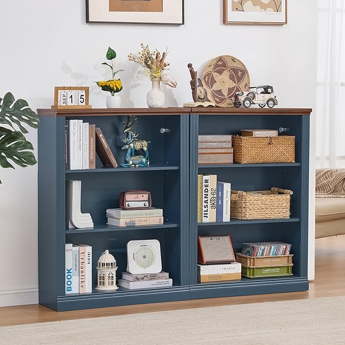 RWYHG 43" Blue Tall Bookshelf Set of 3,3-Tier Thick Wooden Book Shelf with Adjustable Shelves,Free Standing Farmhouse Bookcase with Open Display Storage,Floor Vintage Bookshelves for Living Room ﻿