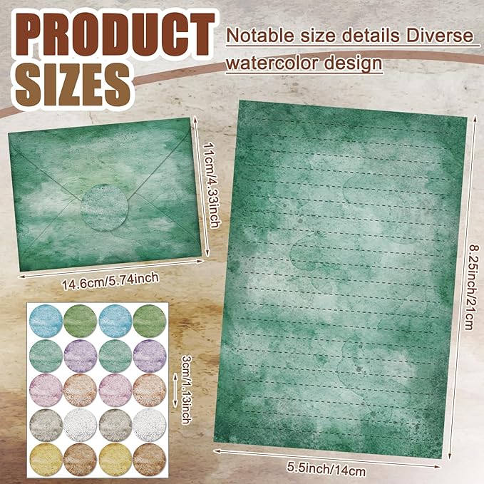 TaoBary 160 Pcs Stationery Paper Set 50 Double Sided Stationery Papers with 50 Matching Envelopes and 60 Round Dot Sticker, 10 Design (Vintage,8.25 x 5.5 Inch)