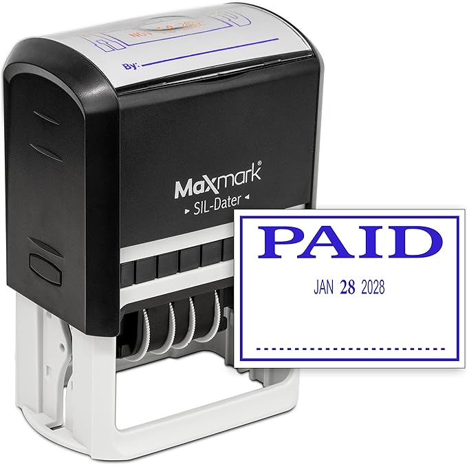 MaxMark Large Self-Inking Rubber Date Office Stamp with Paid Phrase & Date - Blue Ink, 12-Year Band - Style 3