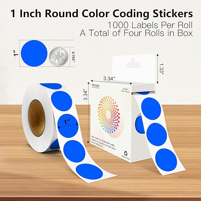 Blue 1 Inch Round Color Coding Labels with 4000 Dots, 4 Rolls - Bright Color Dot Stickers for File Folders, Inventory System - Highly Visible
