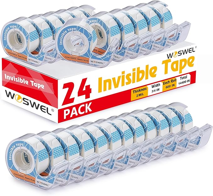 WOSWEL Tape Refills with Dispenser, 24 Roll Invisible Tapes, 3/4 Inch X 600 in, Gift Wrapping Tapes Supplier for Valentine's Day Home School Office Use