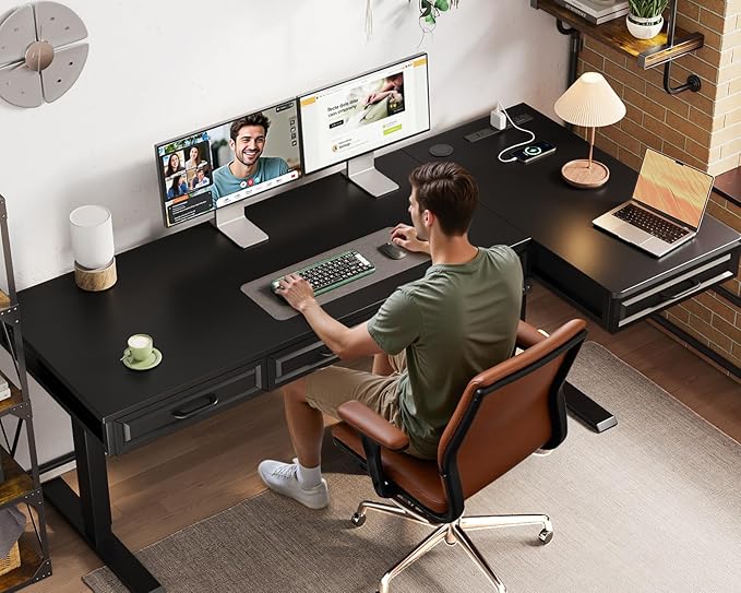 OffiGo L Shaped Electric Standing Desk with Wooden Drawers, 63 Inch Height Adjustable Corner Workstation with Power Outlets, Sit Stand Table for Home, Office, Black