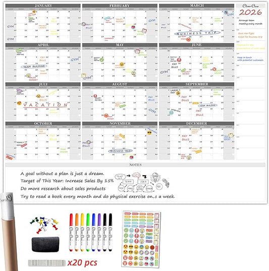 CLEVER CLEAN Large Dry Erase Wall Calendar - 48"x58" 12-month 2026 Undated Reusable Yearly Calendar for Home, Office, School Projects - Jumbo Laminated Task Organizer