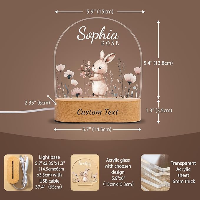 7GEEFT Personalized Baby Gifts for Kids, Custom Animal Acrylic Plaque Sign Name Night Light, Birthday Newborn Baby Shower Gifts for Boys Girls, Children Nursery Room Bedroom Decor, Flower and Rabbit