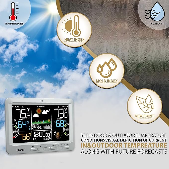 Weather Station Indoor Outdoor Thermometer Wireless, Home Atomic Clock with Large Constant Display, Inside Outside Temperature Humidity Monitor, Dew Heat Point, Barometer Grey