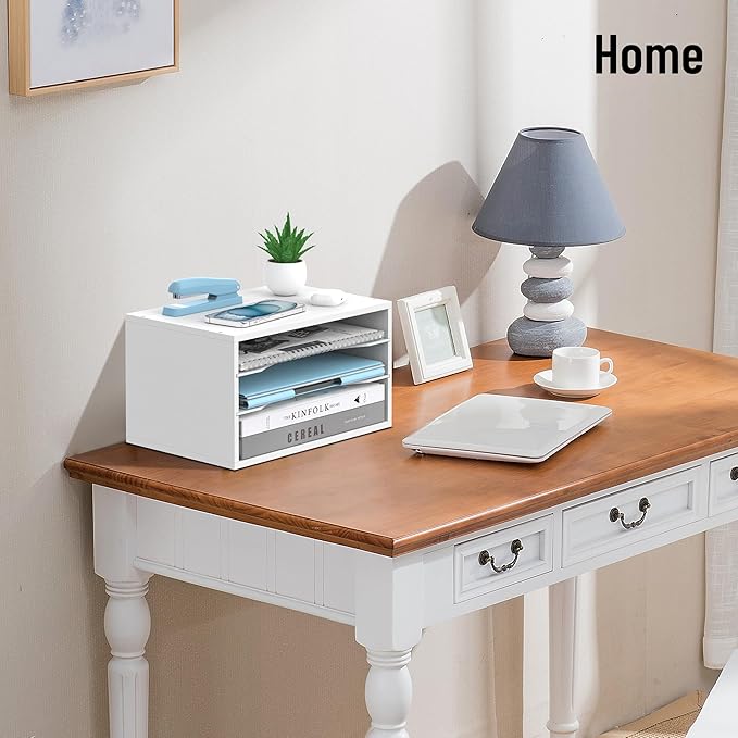 SHARKWOODS Wood Desk Organizer, 3 Tier Paper Tray Organizer for Desk with Adjustable Storage Shelves, Desktop File Organization Paper Sorter Mail Holder for Office Home Classroom, White