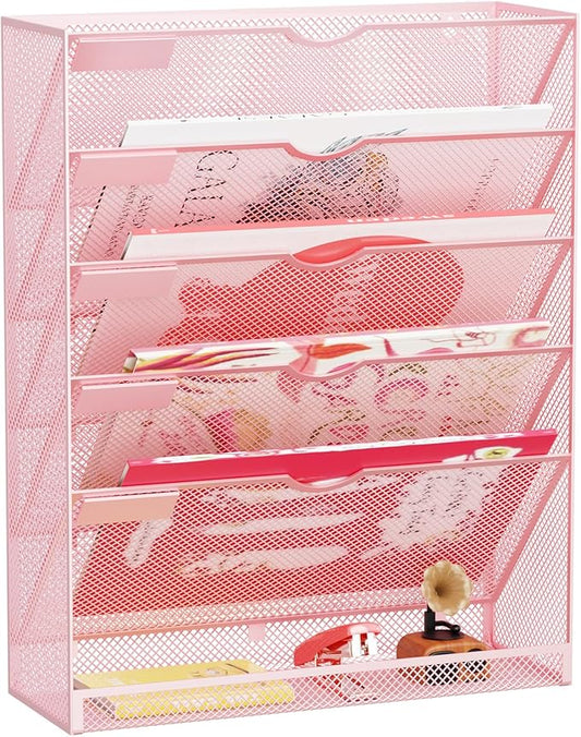 GDINDINFAN Hanging Wall File Organizer 6 Tier Wall Mounted Mail Paper Folder Holder Document Organization Stand, Vertical Desk Magazine Rack for Office Home Cubicle Countertop, Pink