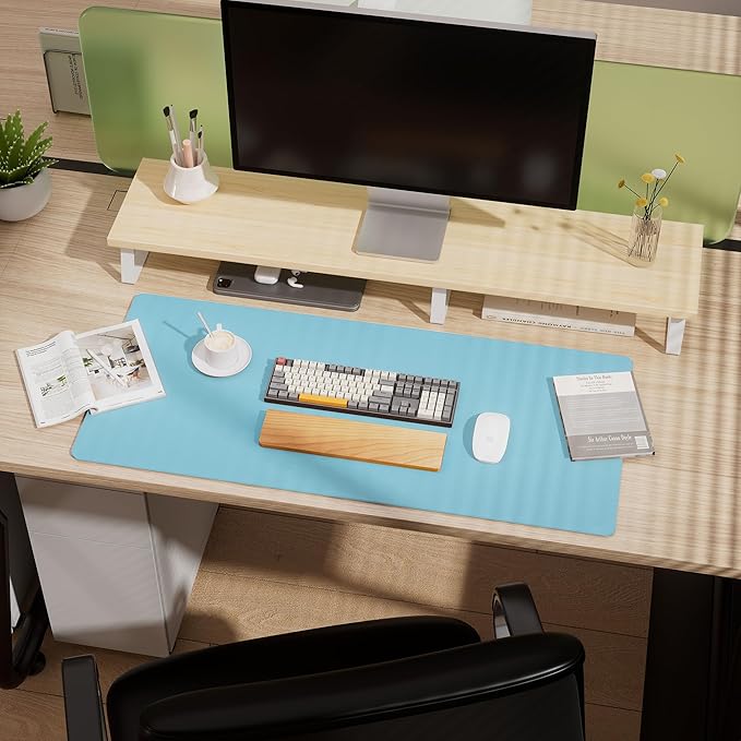 Aothia Double-Sided Desk Pad – 35.4" x 15.7" Leather Desk Mat with Eco Cork Protector, Large Mouse Pad, Waterproof Desk Blotter for Office/Home (Blue Topazn)